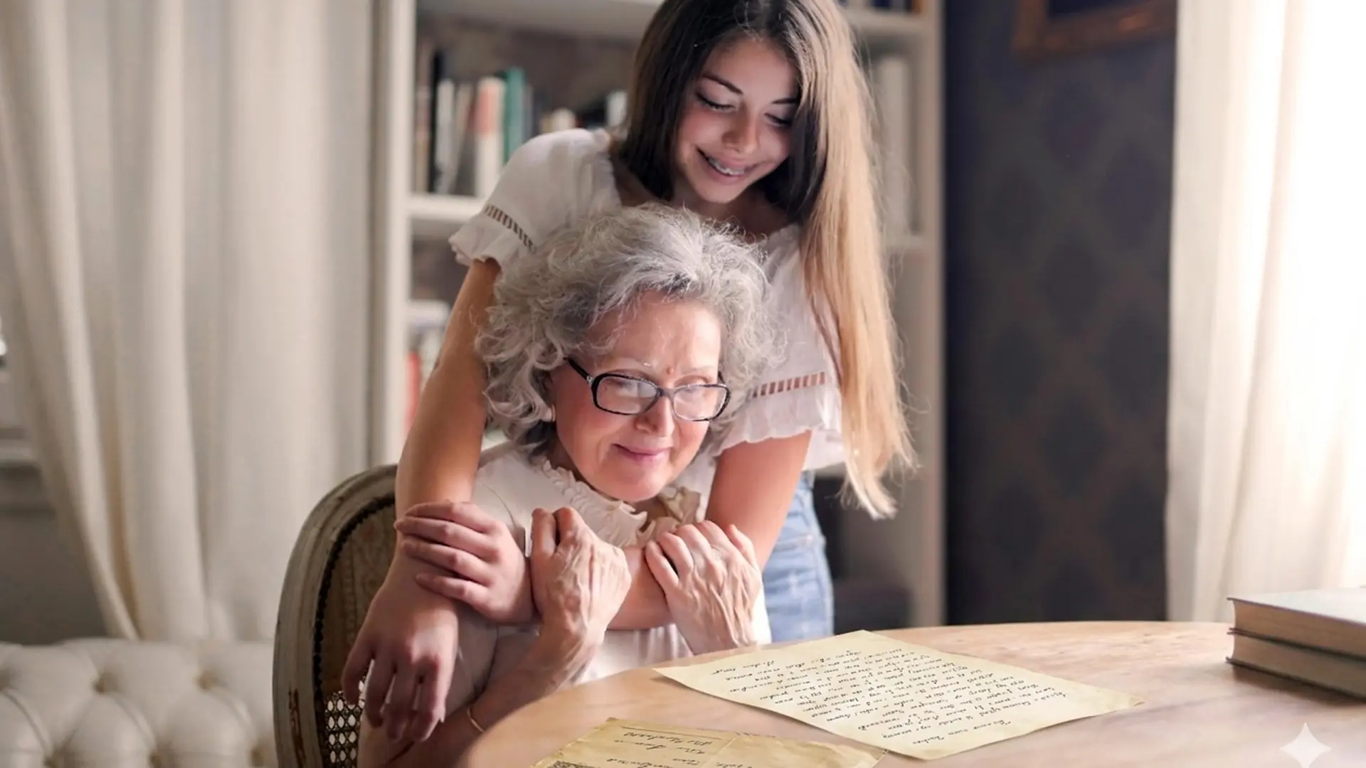 Elderly lady and young grandchild embraced reading together